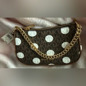 Michael Kors Brown and White Polka Dot Chain Wristlet Crossbody NWT